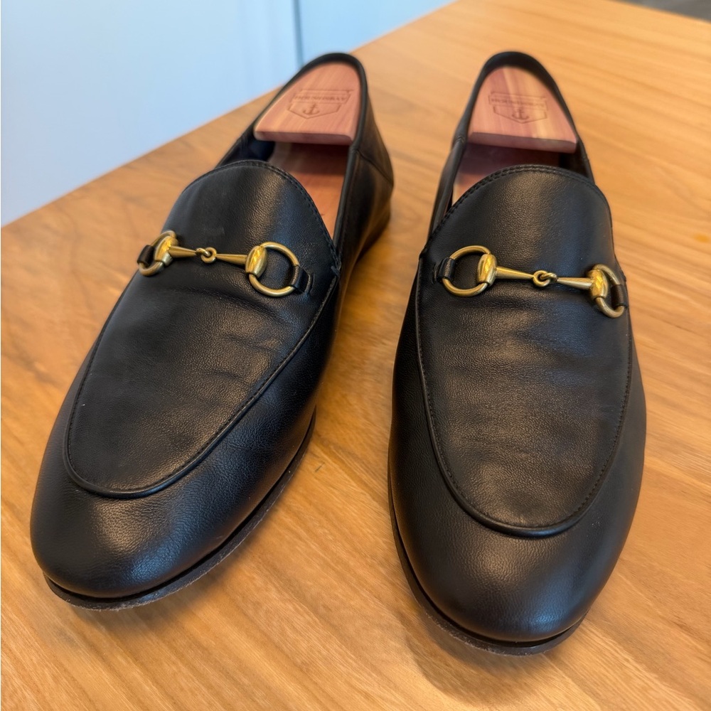 GUCCI Brixton Women’s Black Leather Loafers with Gold Horsebit - 9.5 / 40
